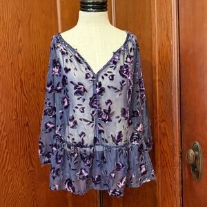 Faded Glory Velvet Burnout Floral Top Sheer Peplum Blouse Purple Navy L Y2K
